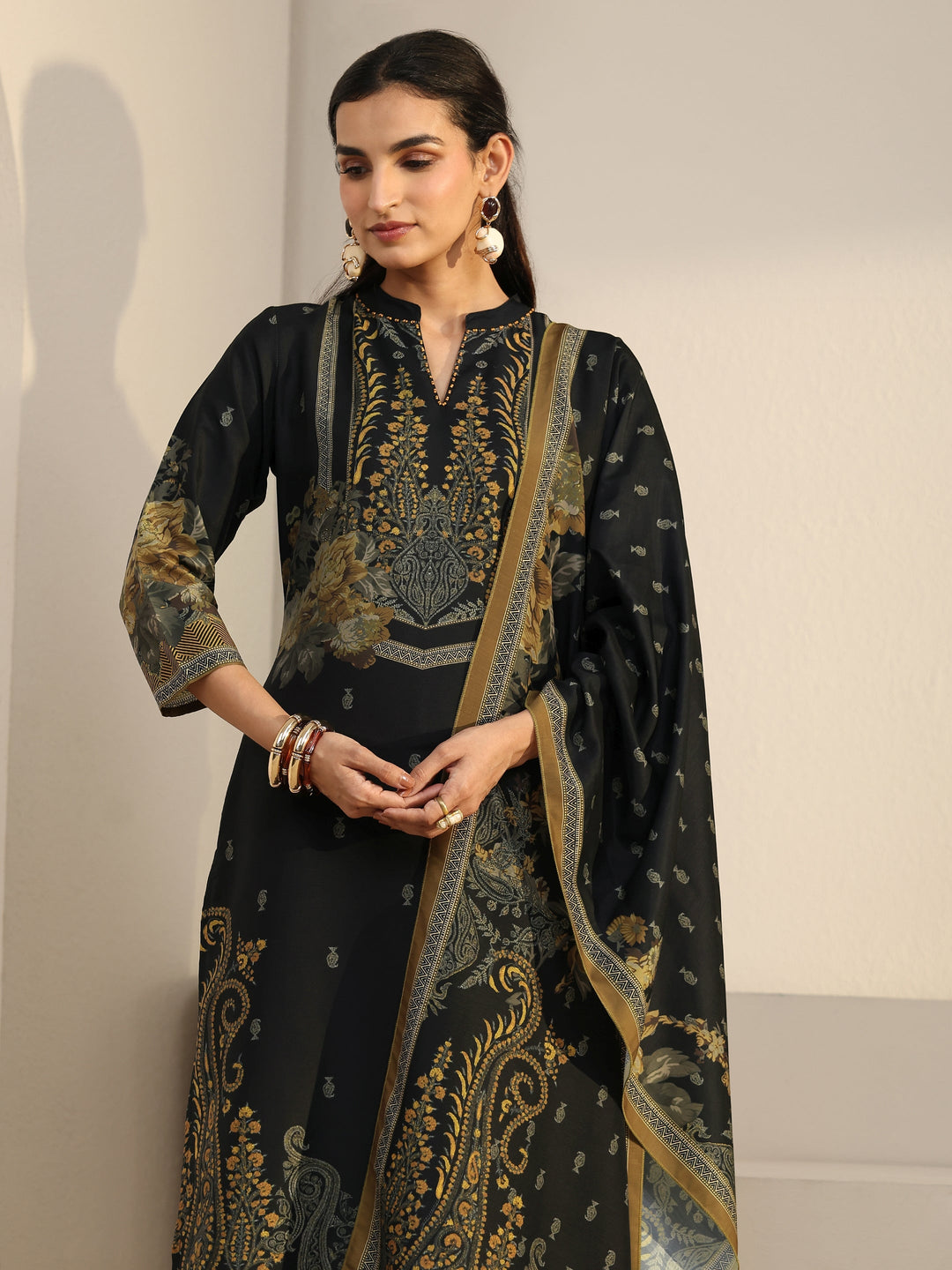  Libas Black Floral Printed Muslin Straight Suit Set 