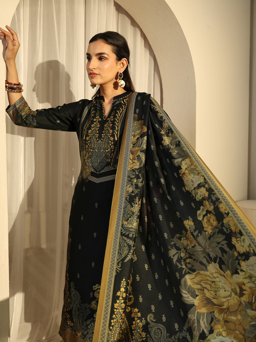  Libas Black Floral Printed Muslin Straight Suit Set 