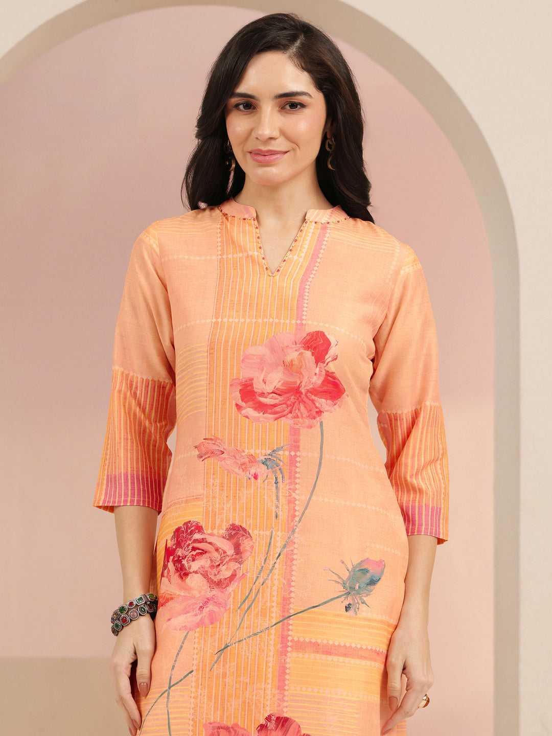  Libas Peach Floral Printed Muslin Straight Suit Set 