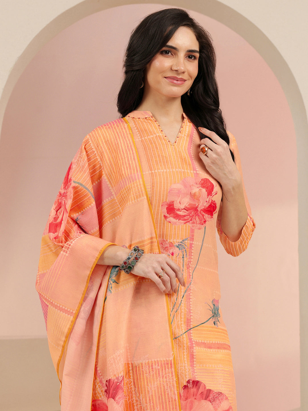  Libas Peach Floral Printed Muslin Straight Suit Set 