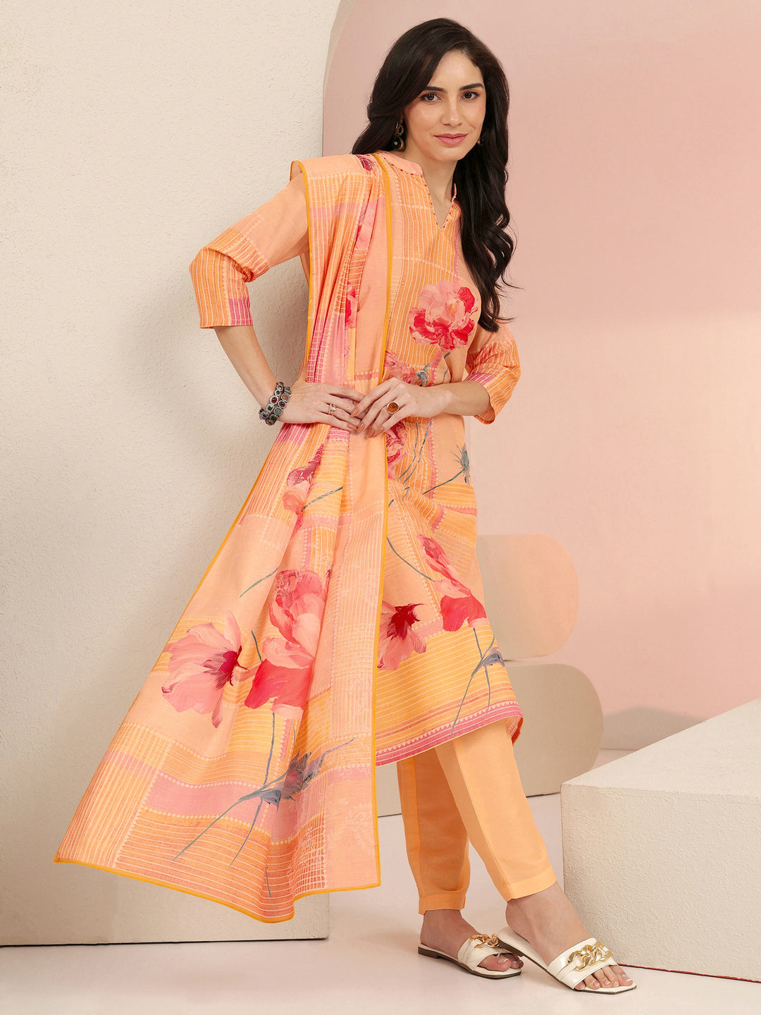  Libas Peach Floral Printed Muslin Straight Suit Set 