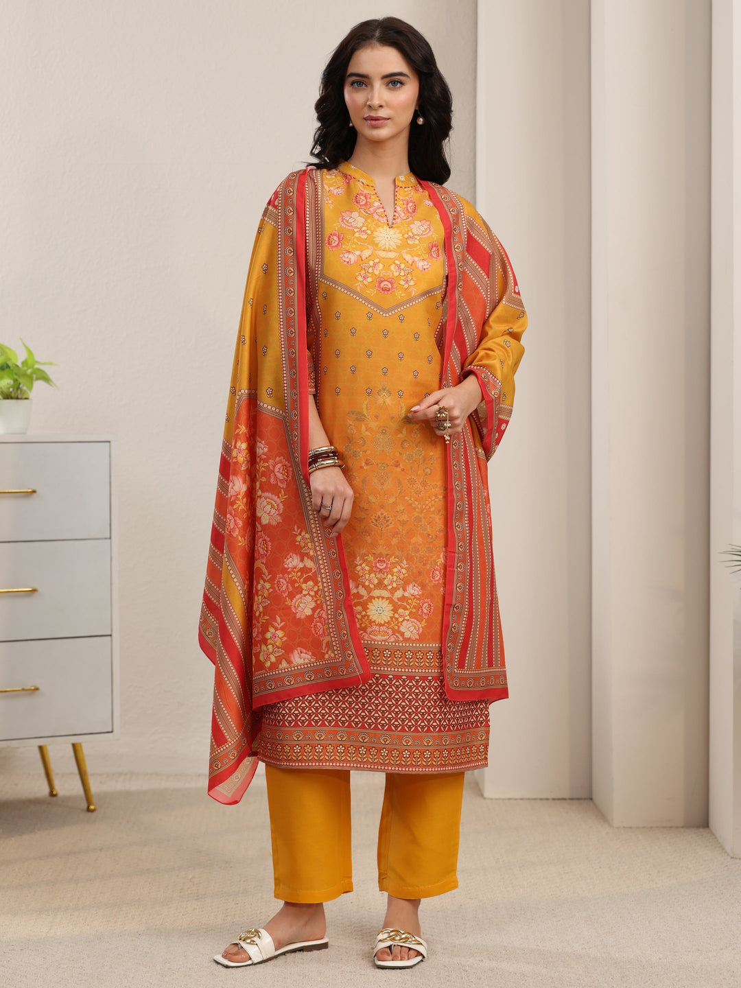  Libas Mustard Floral Printed Muslin Straight Suit Set 