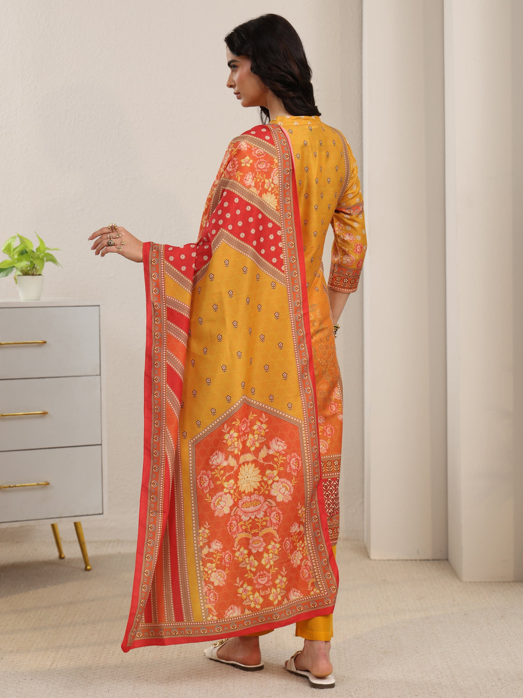  Libas Mustard Floral Printed Muslin Straight Suit Set 
