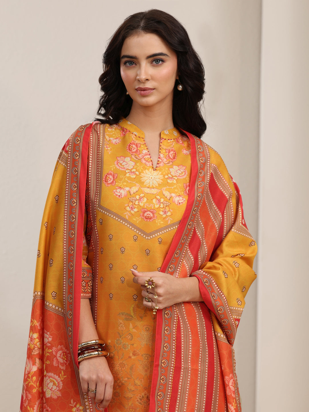  Libas Mustard Floral Printed Muslin Straight Suit Set 