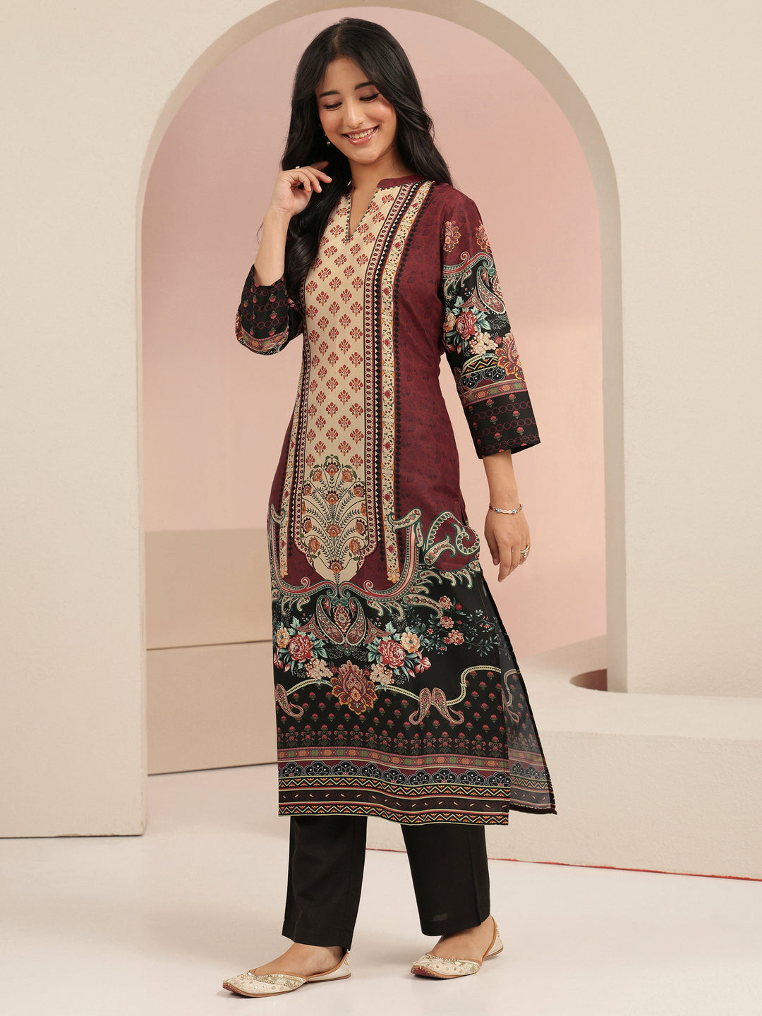  Libas Maroon Ethnic Print Muslin Straight Suit Set 