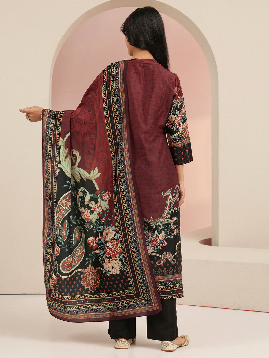  Libas Maroon Ethnic Print Muslin Straight Suit Set 