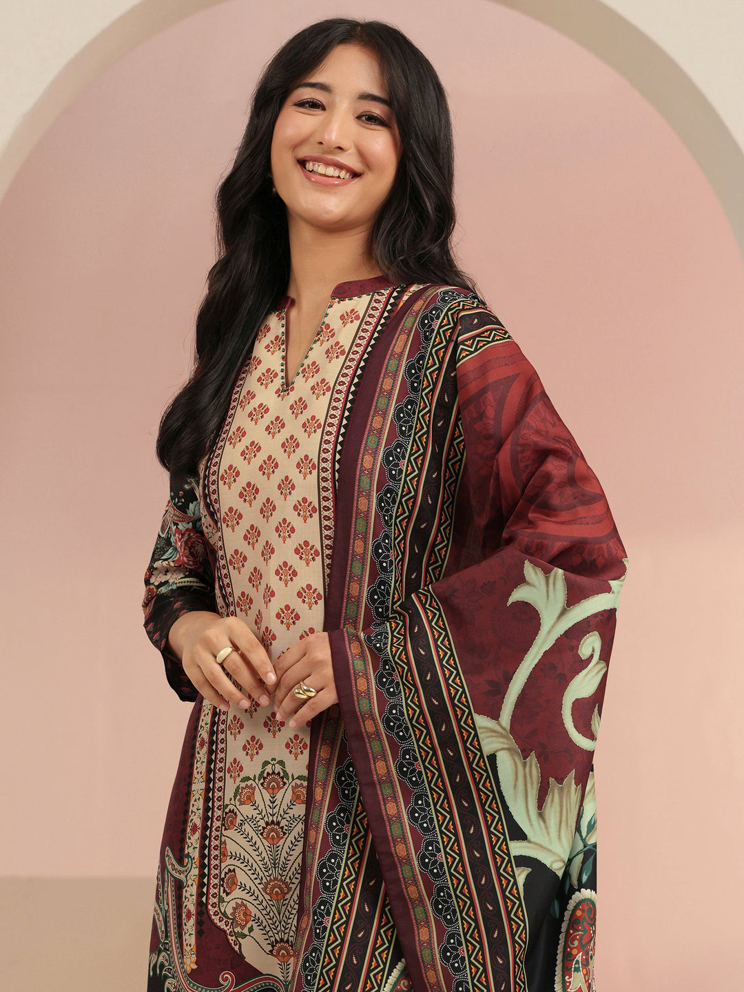  Libas Maroon Ethnic Print Muslin Straight Suit Set 
