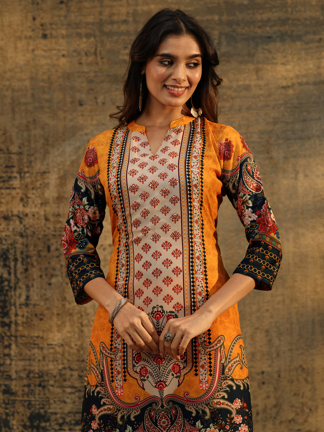  Libas Mustard Multi Print Straight Muslin Suit Set 
