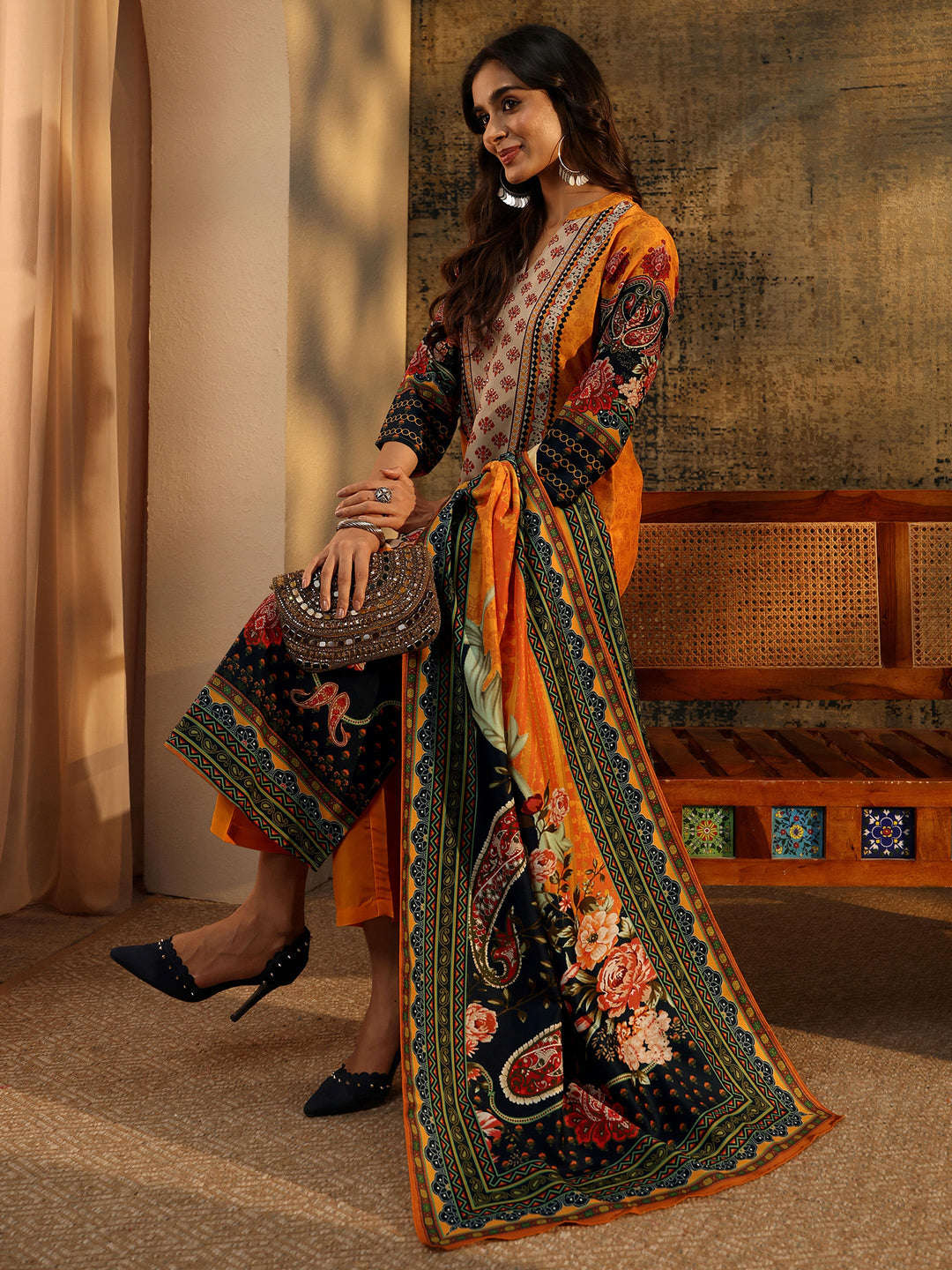  Libas Mustard Multi Print Straight Muslin Suit Set 