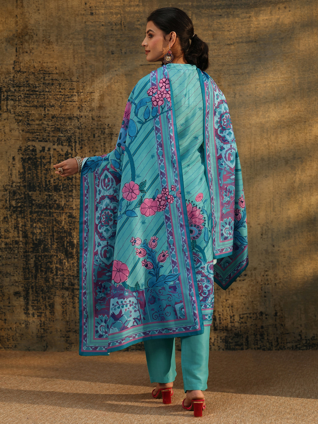  Libas Turquoise Blue Floral Printed  Muslin Straight Suit Set 