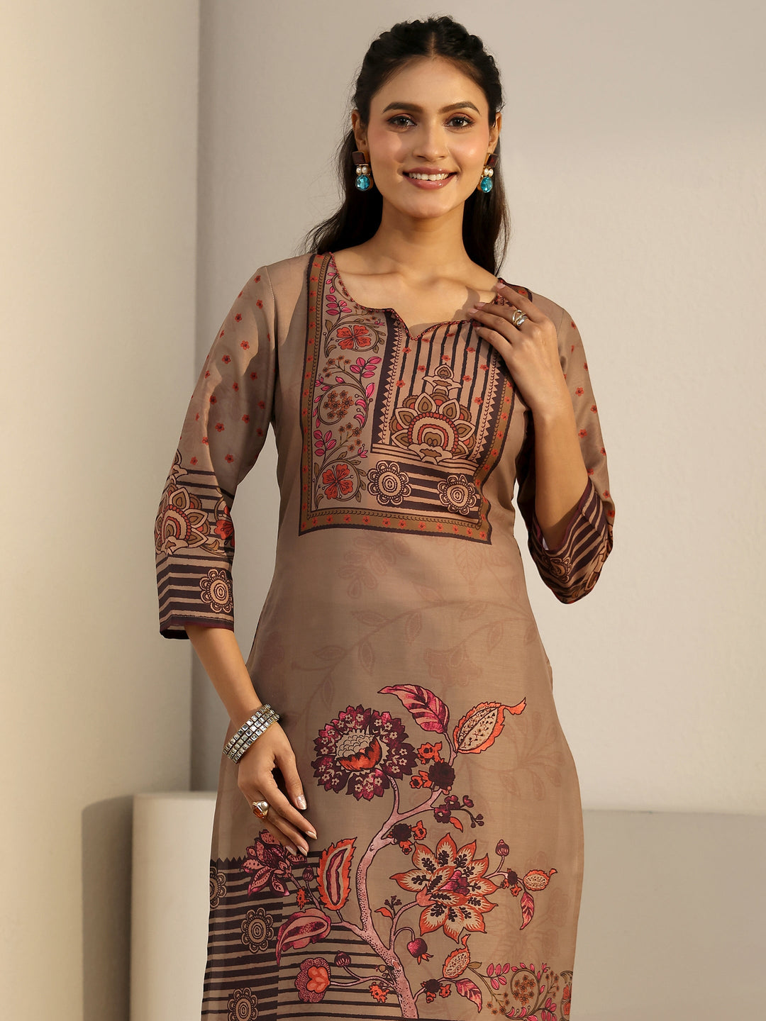  Libas Brown Floral Printed Muslin Straight Suit Set 