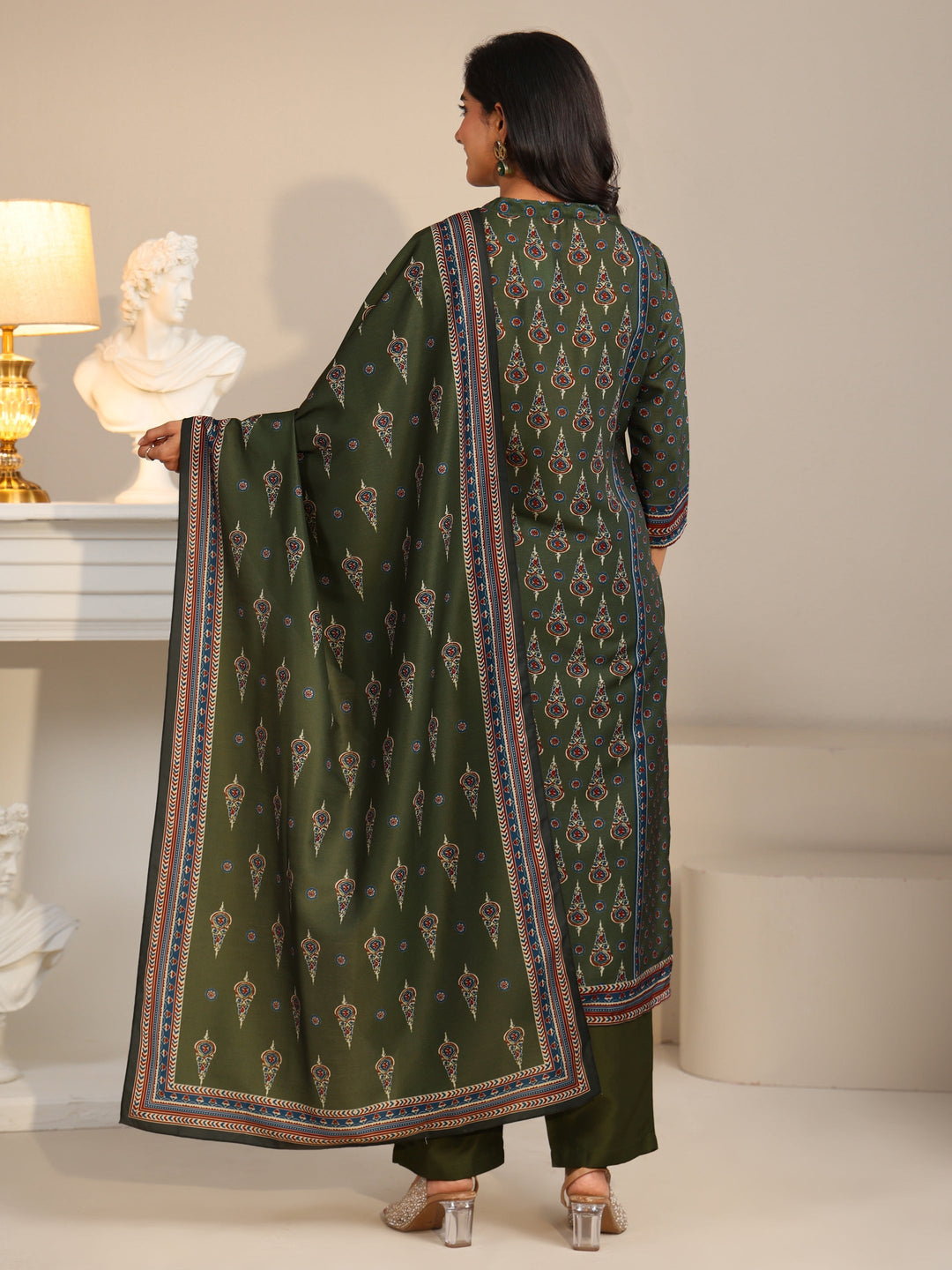  Libas Olive Green Printed Muslin Straight Suit Set 