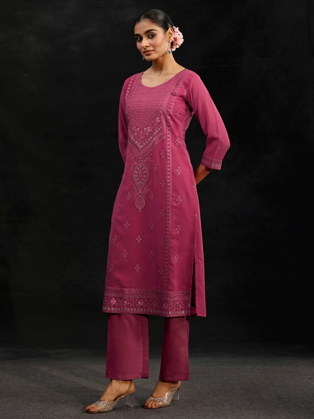  Libas Pink Floral Embroidered Georgette Straight Suit Set 