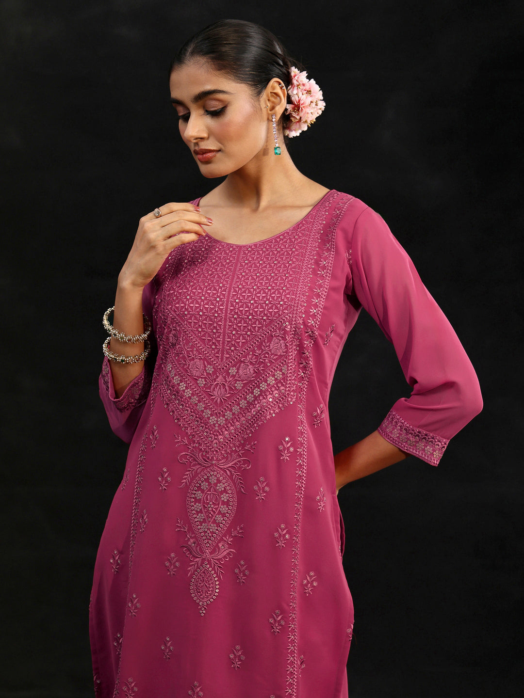  Libas Pink Floral Embroidered Georgette Straight Suit Set 