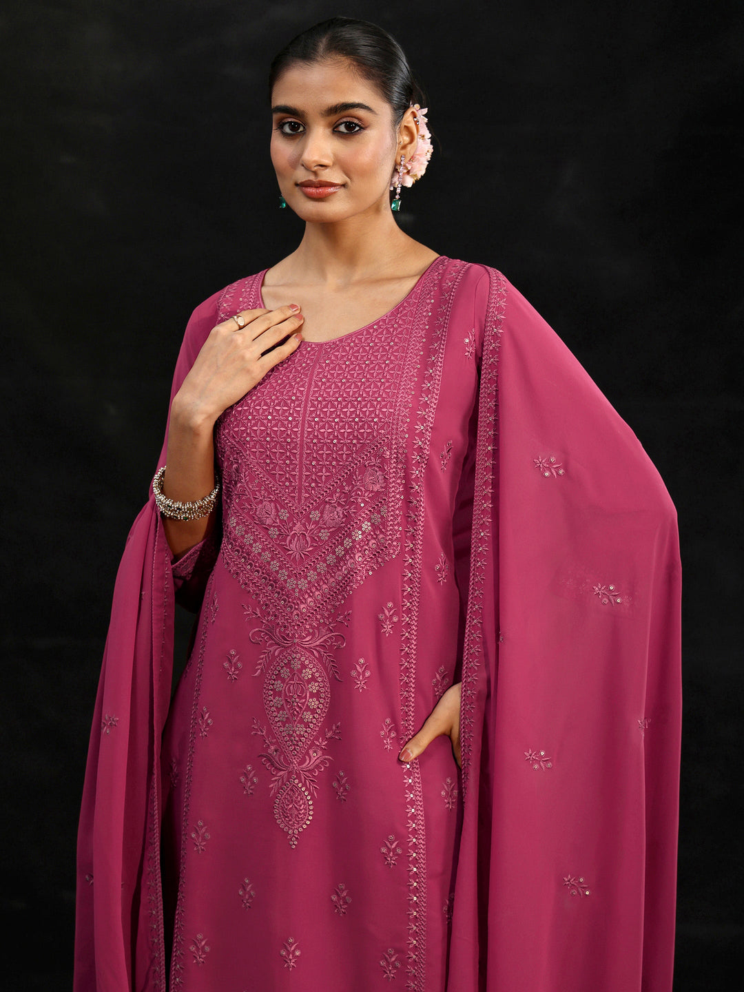  Libas Pink Floral Embroidered Georgette Straight Suit Set 
