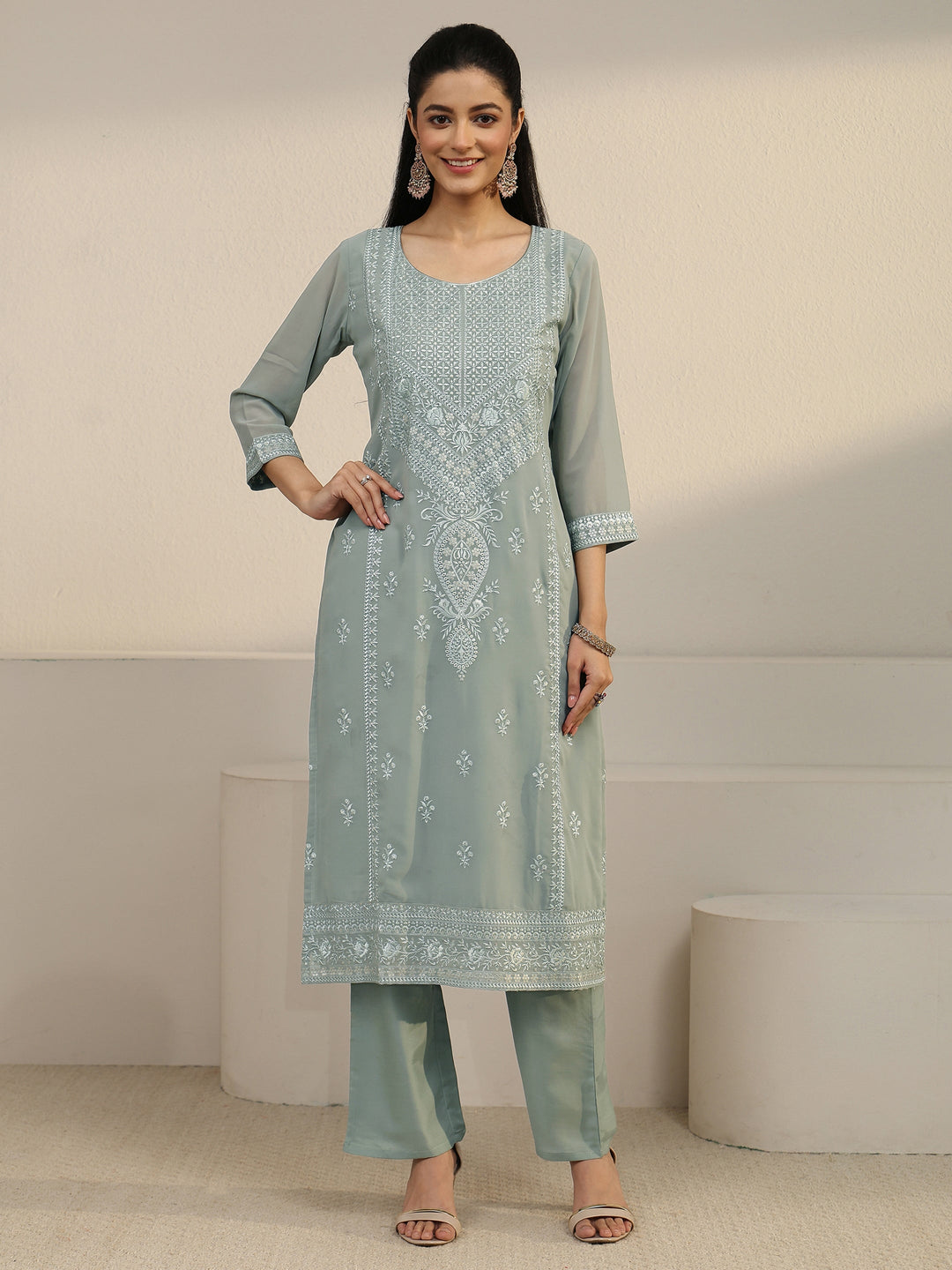  Libas Grey Floral Embroidered Georgette Straight Suit Set 