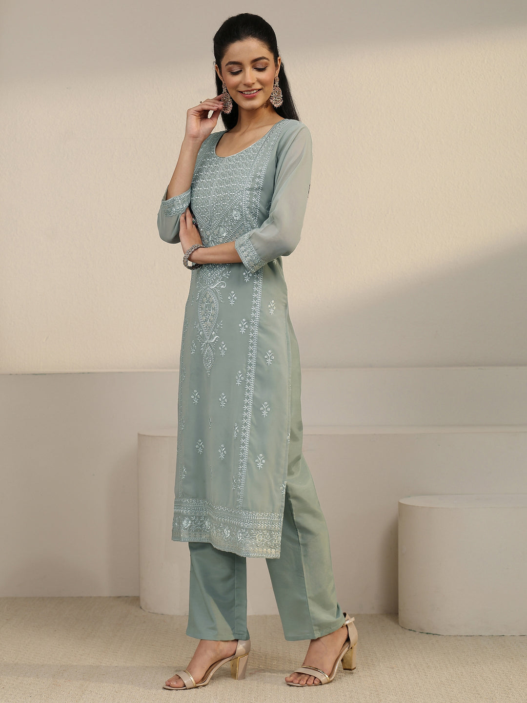  Libas Grey Floral Embroidered Georgette Straight Suit Set 