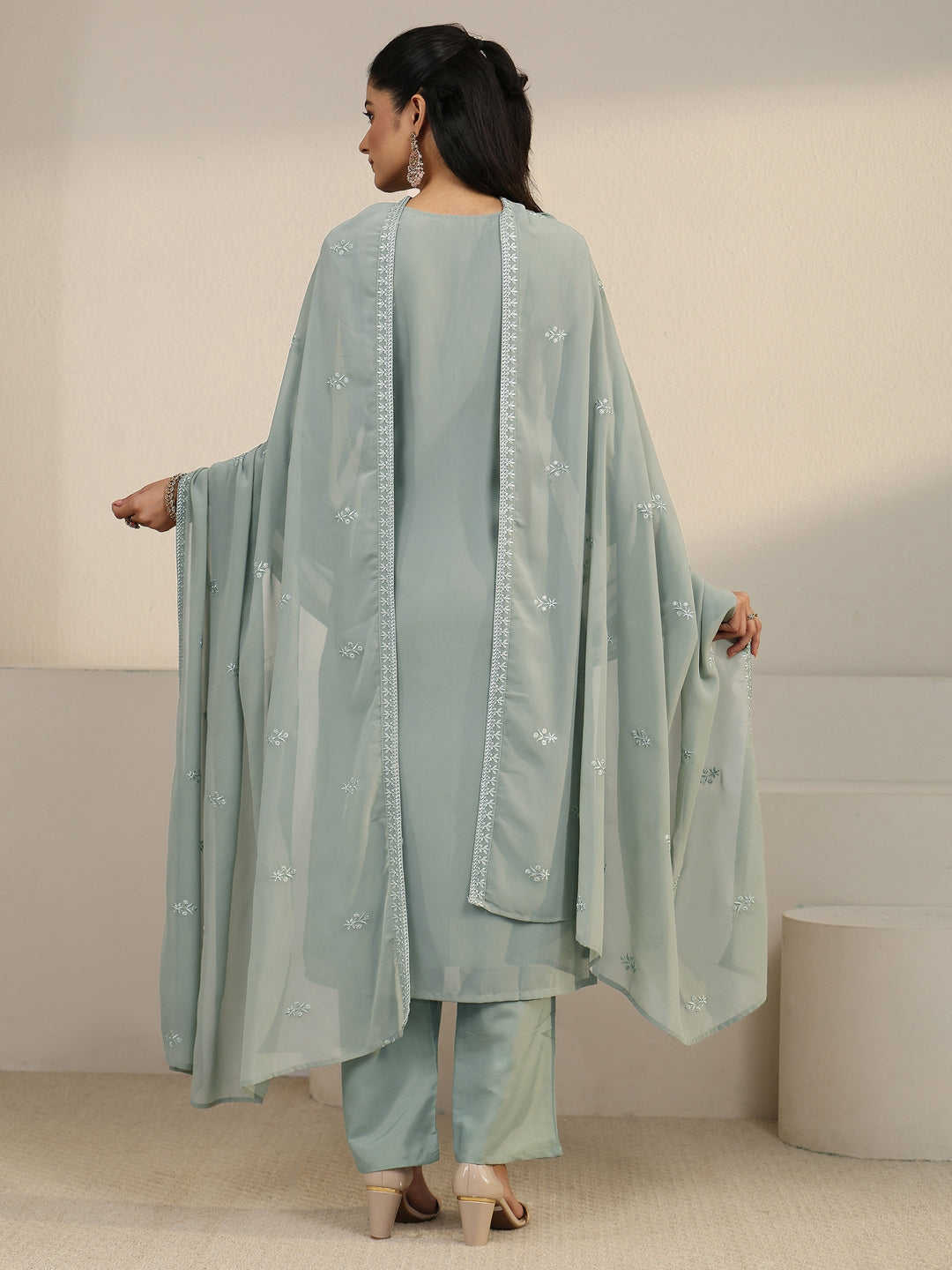  Libas Grey Floral Embroidered Georgette Straight Suit Set 