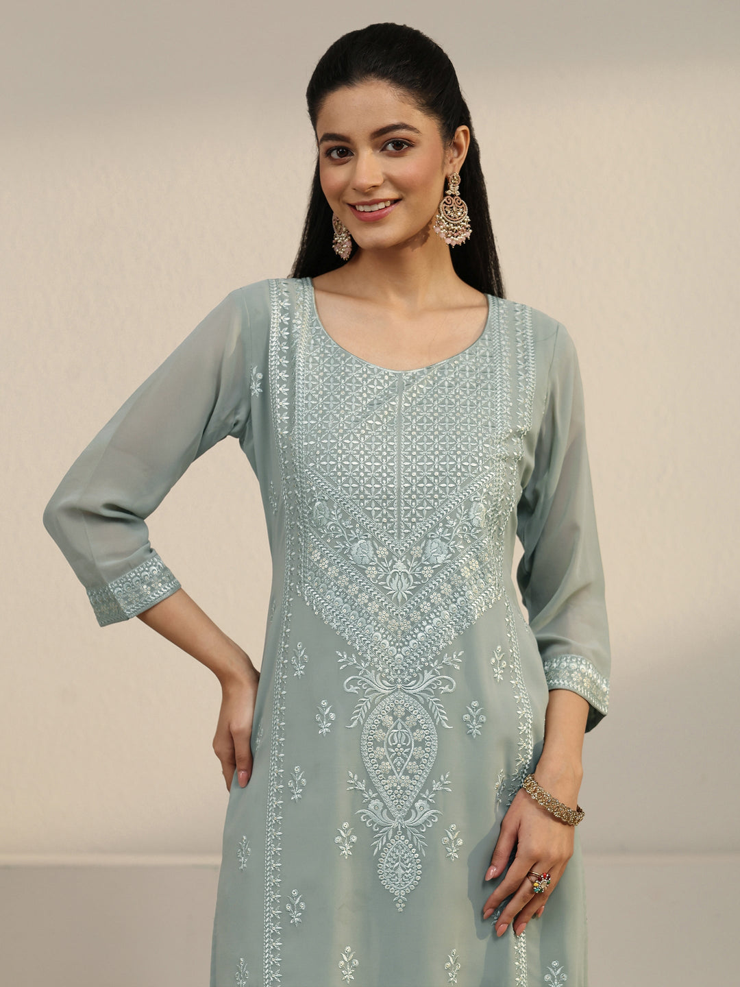  Libas Grey Floral Embroidered Georgette Straight Suit Set 