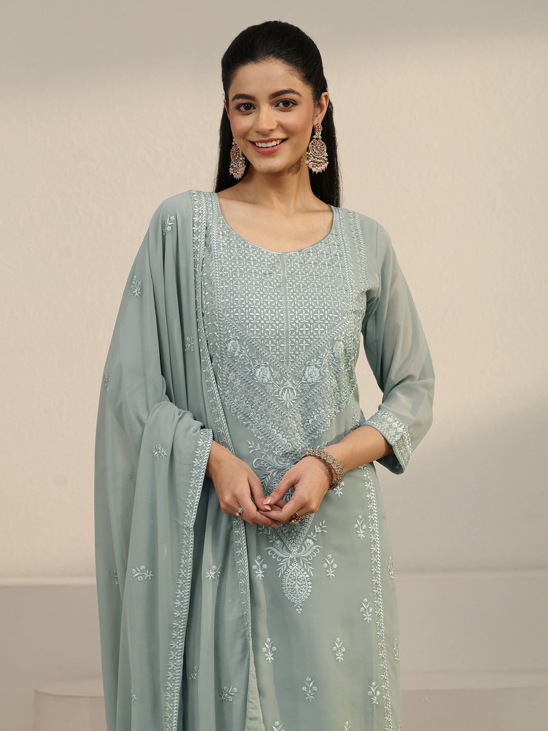  Libas Grey Floral Embroidered Georgette Straight Suit Set 
