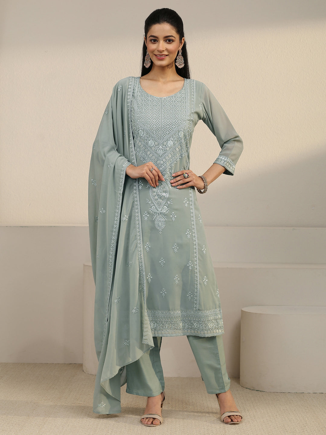  Libas Grey Floral Embroidered Georgette Straight Suit Set 