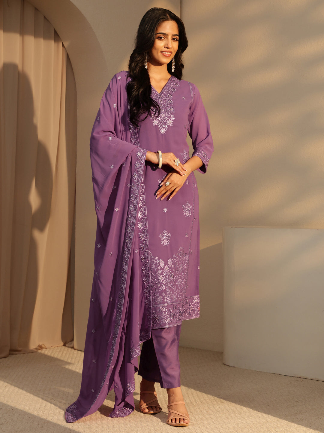  Lavender Floral Embroidery Straight Georgette Suit Set 