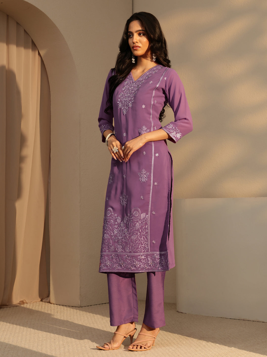  Lavender Floral Embroidery Straight Georgette Suit Set 
