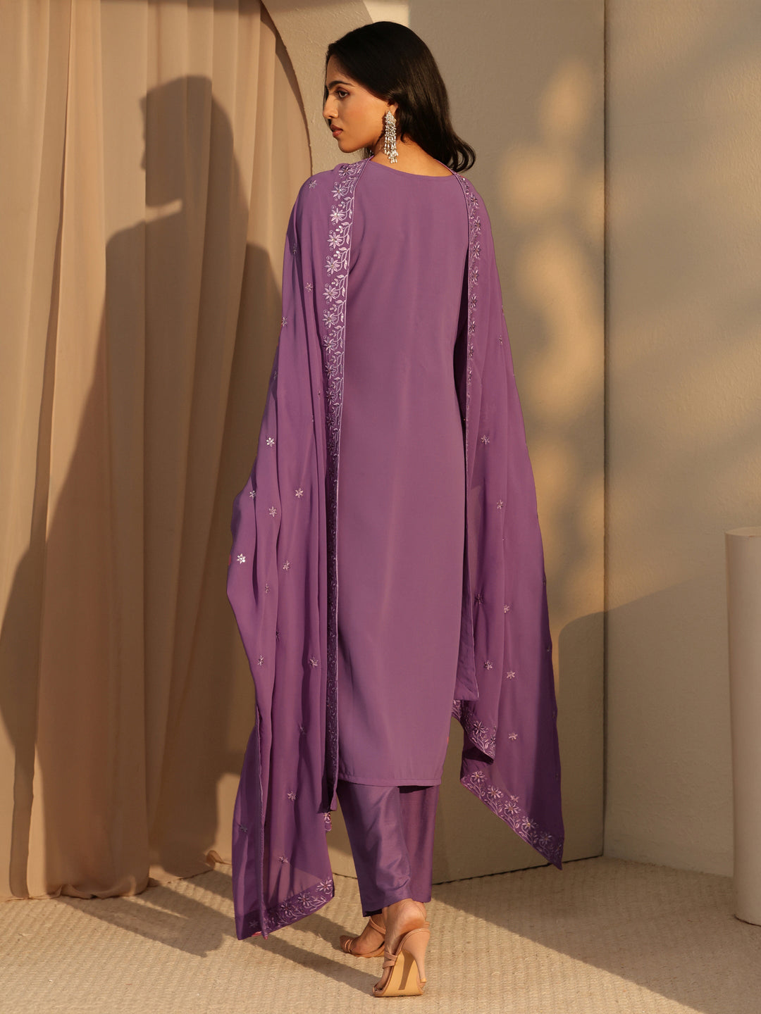  Lavender Floral Embroidery Straight Georgette Suit Set 