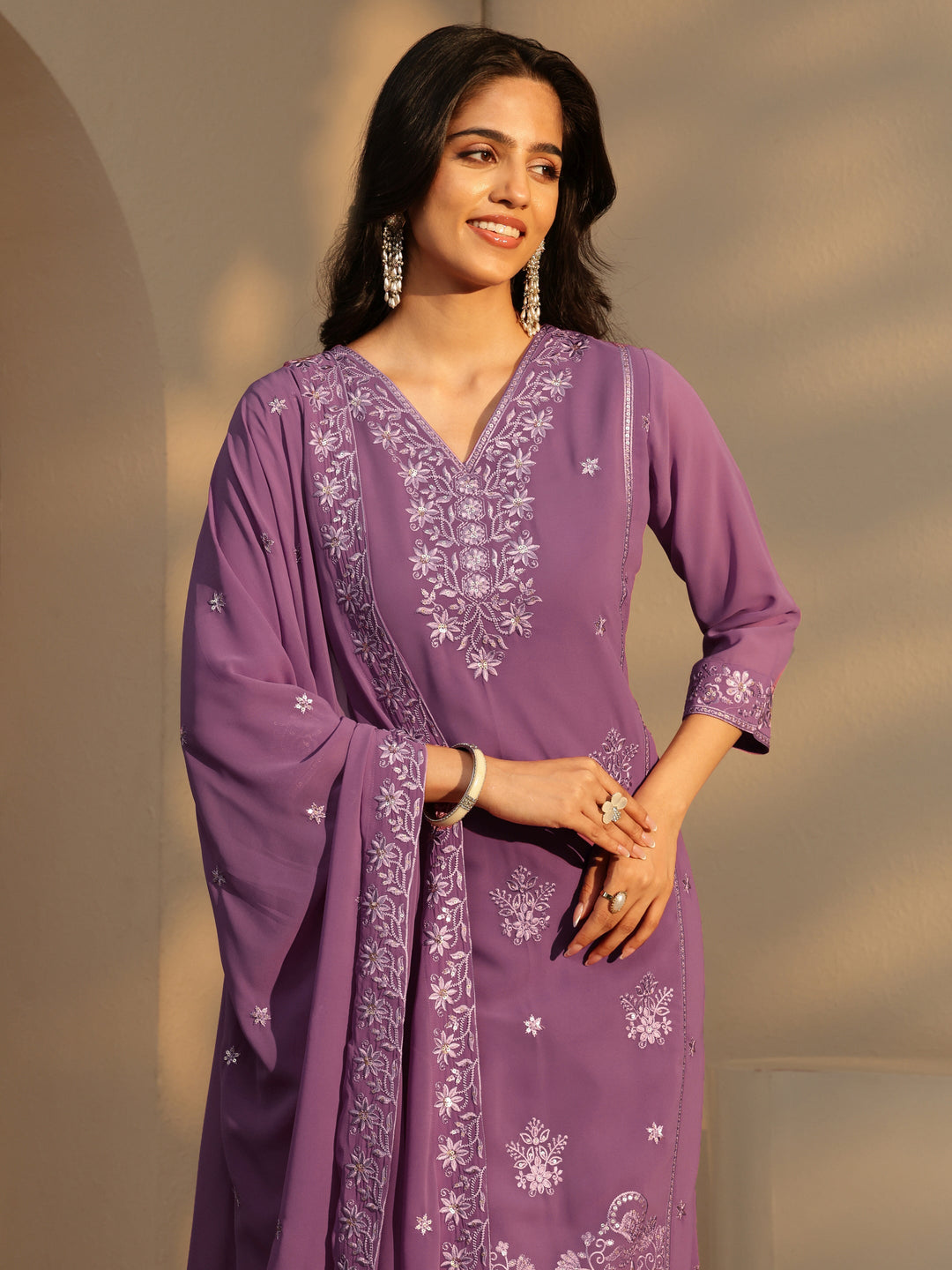  Lavender Floral Embroidery Straight Georgette Suit Set 
