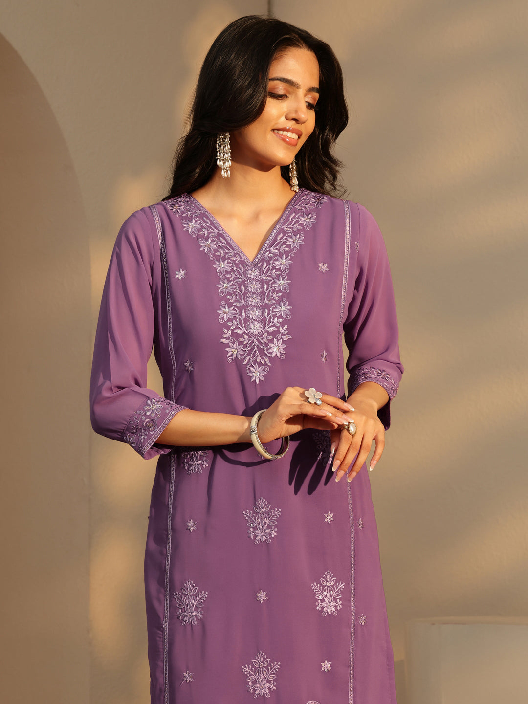  Lavender Floral Embroidery Straight Georgette Suit Set 