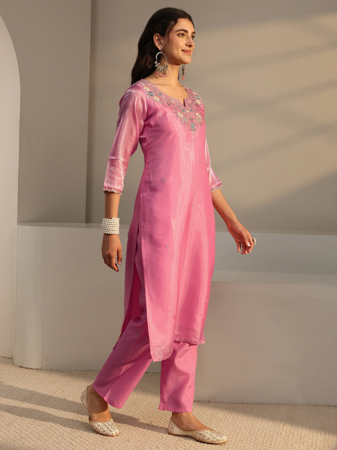  Pink Floral Embroidered Tissue Straight Suit Set With Dupatta 