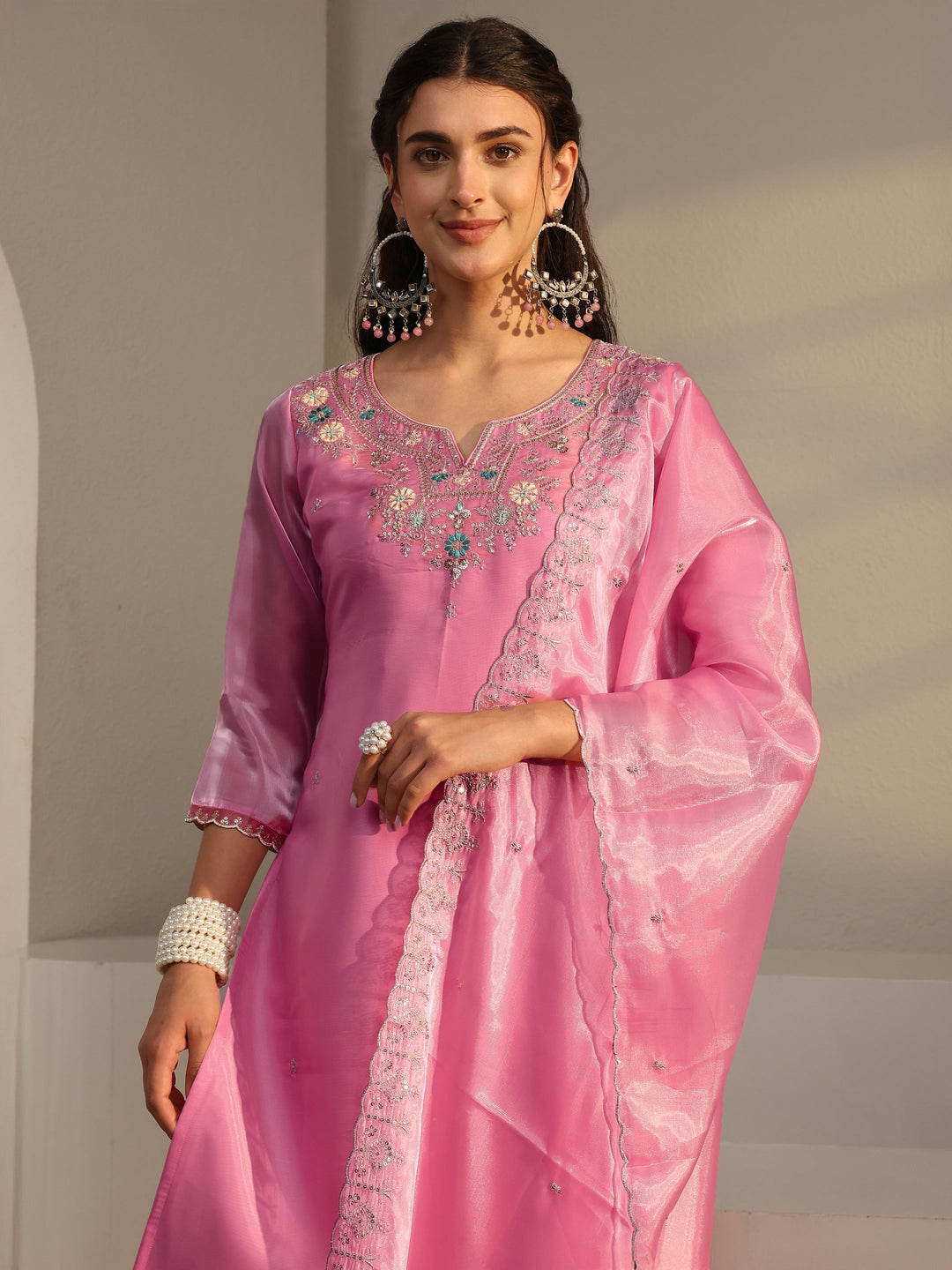  Pink Floral Embroidered Tissue Straight Suit Set With Dupatta 