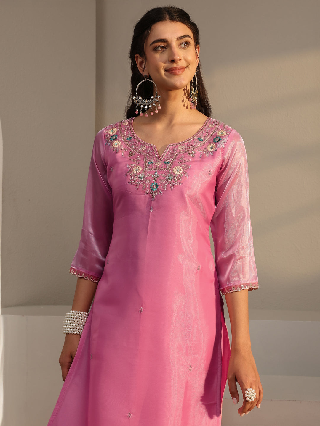  Pink Floral Embroidered Tissue Straight Suit Set With Dupatta 