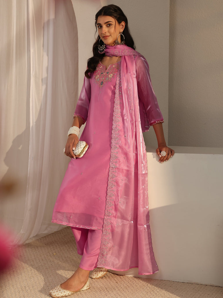 Libas Pink Floral Embroidered Tissue Straight Suit Set With Dupatta