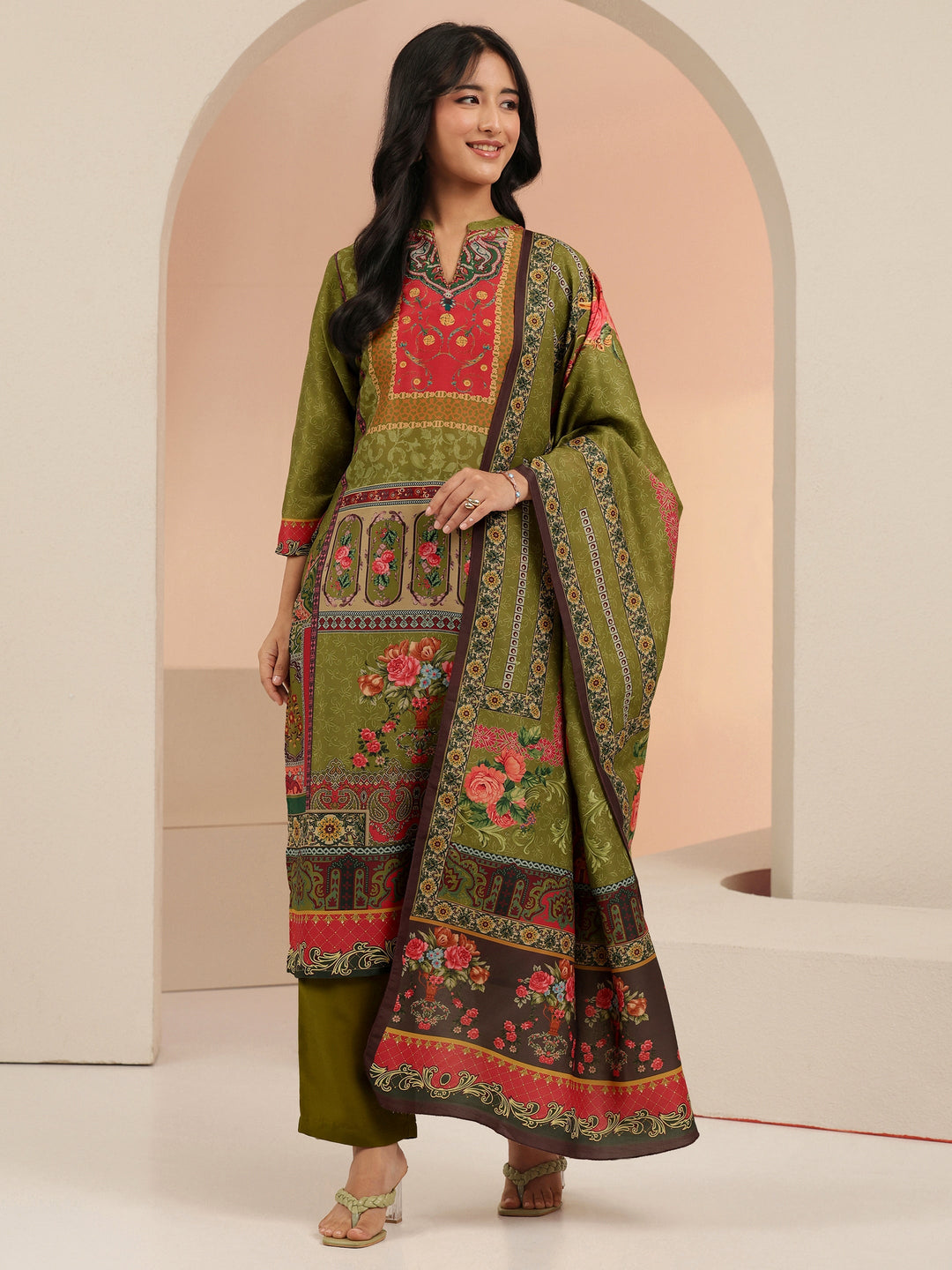  Libas Green Floral Printed Muslin Straight Suit Set 