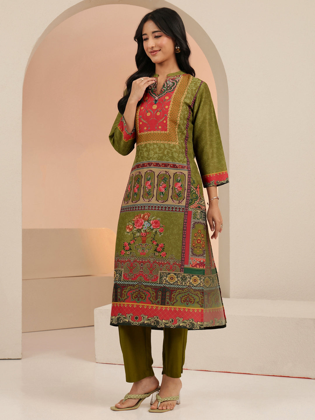  Libas Green Floral Printed Muslin Straight Suit Set 
