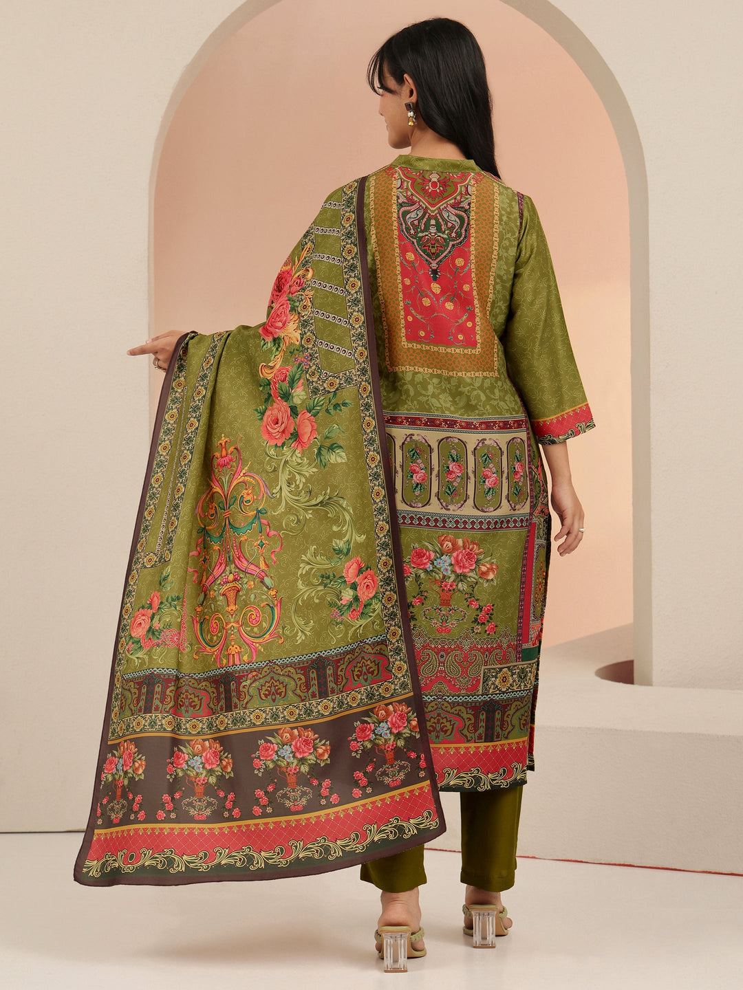  Libas Green Floral Printed Muslin Straight Suit Set 