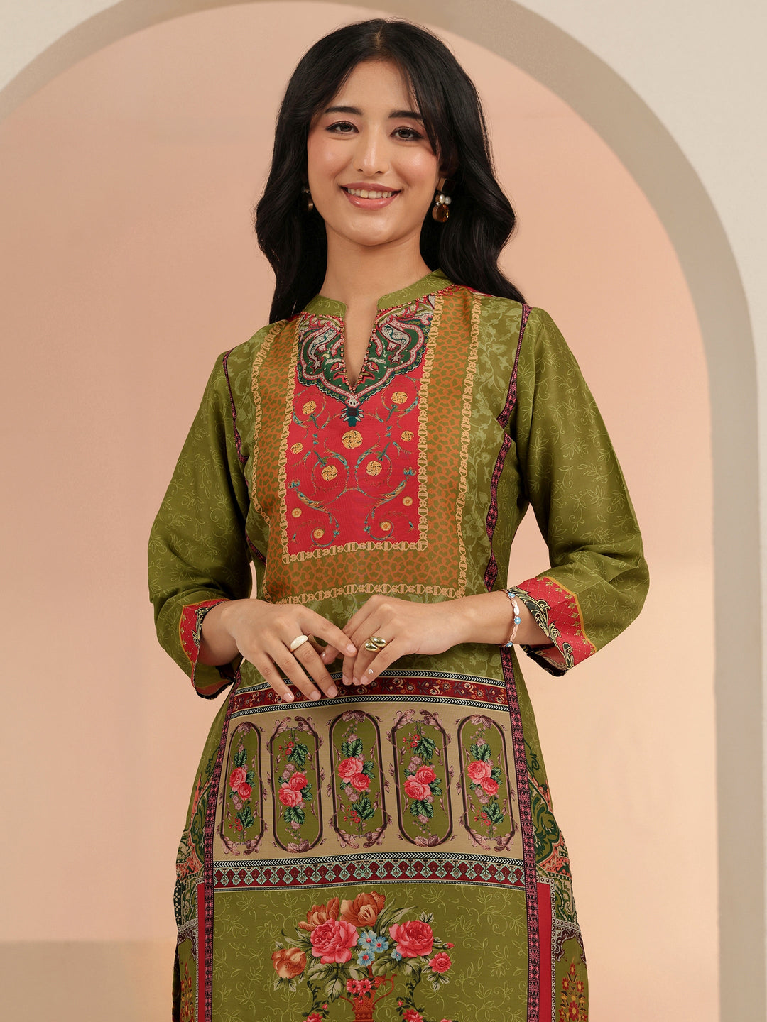  Libas Green Floral Printed Muslin Straight Suit Set 