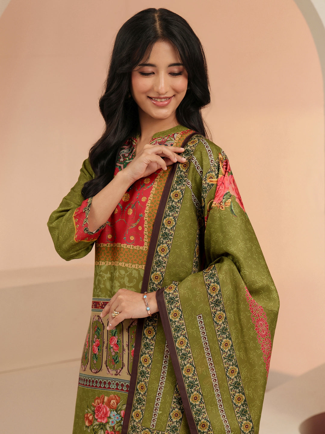  Libas Green Floral Printed Muslin Straight Suit Set 