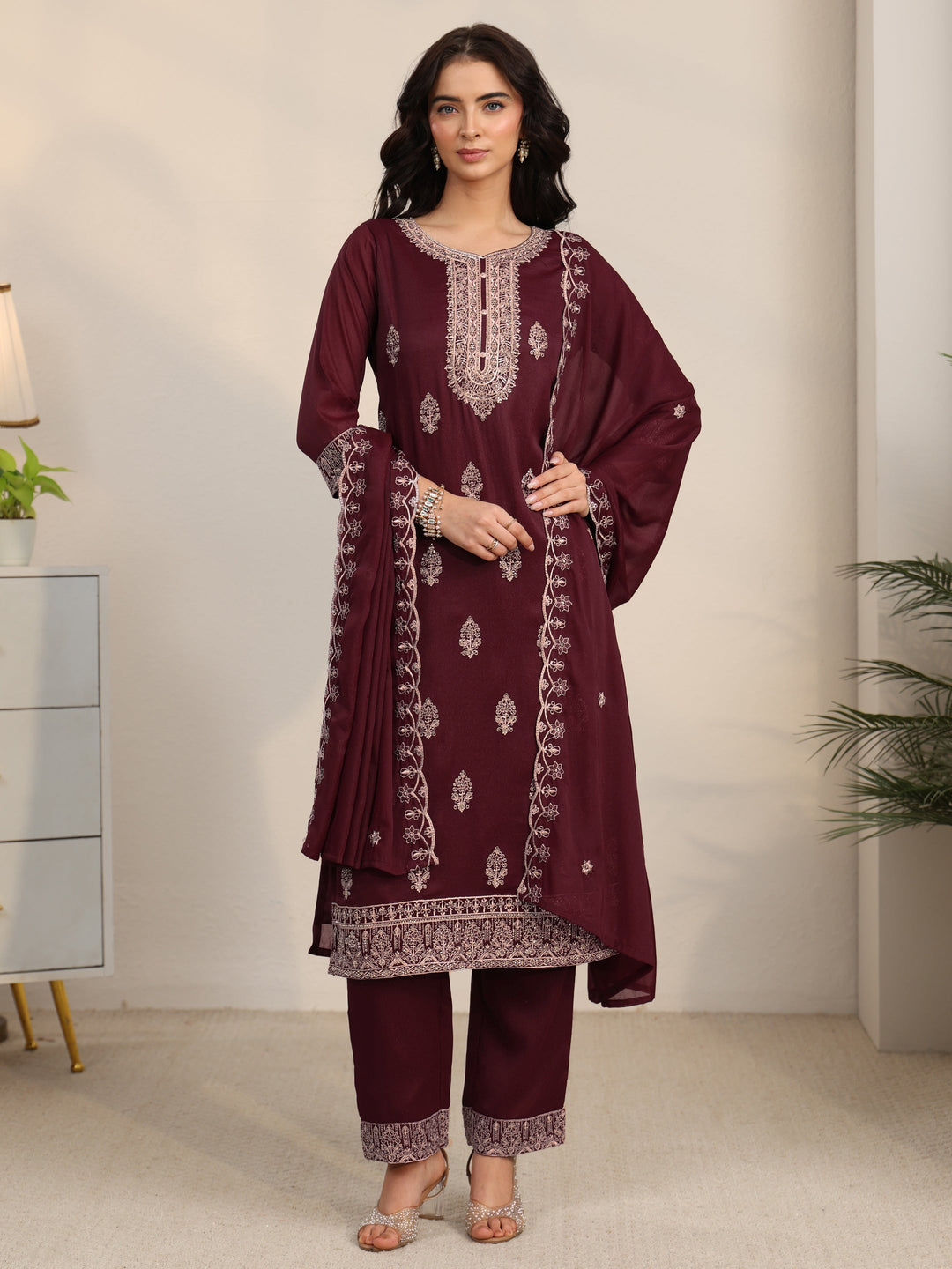  Libas Maroon Embroidered Chinon Straight Suit Set 
