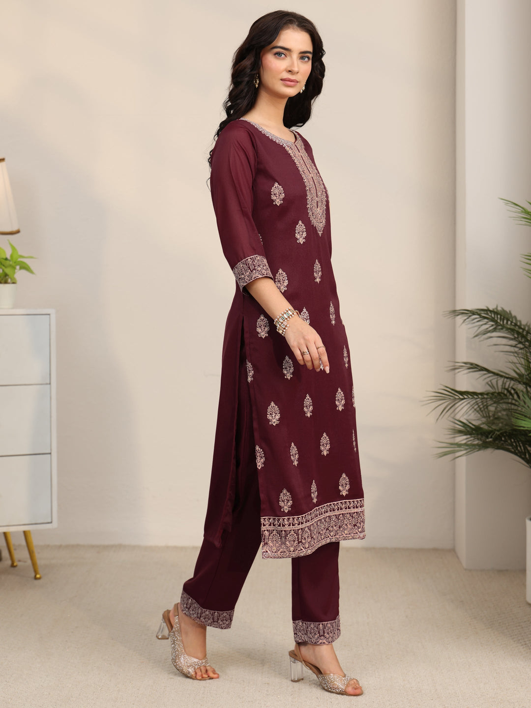  Libas Maroon Embroidered Chinon Straight Suit Set 