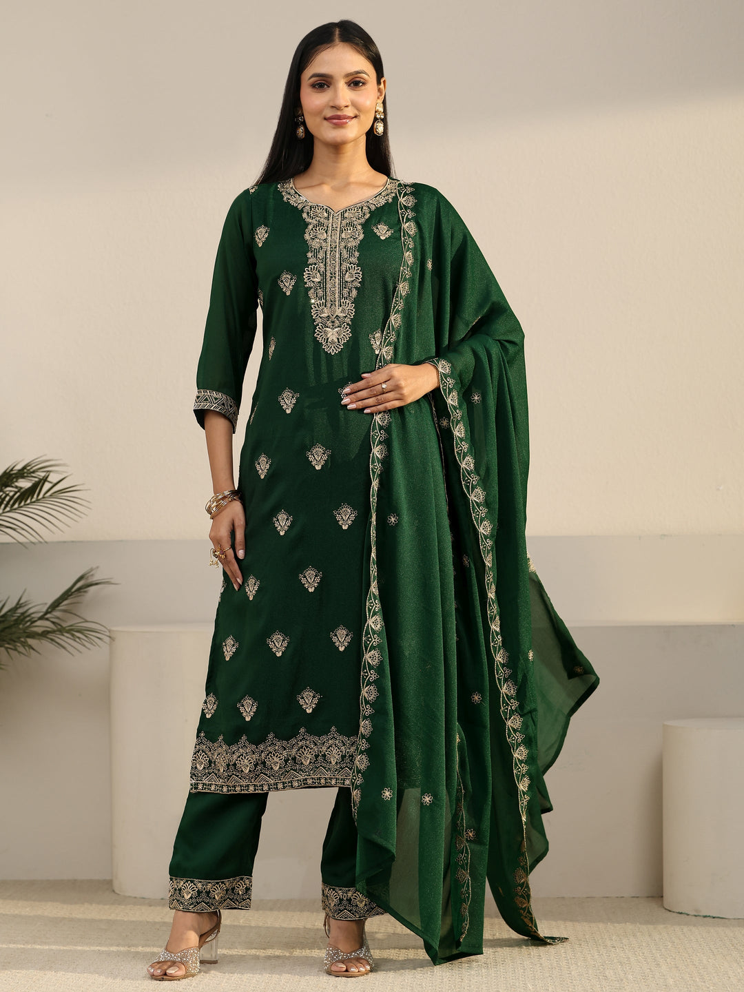  Libas Sacramento Green Embroidered Chinon Straight Suit Set 
