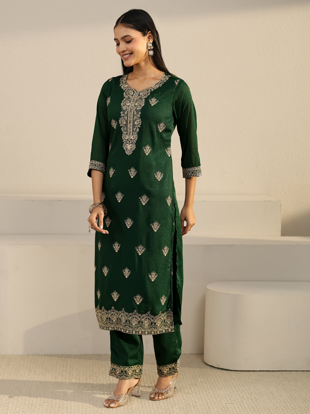  Libas Sacramento Green Embroidered Chinon Straight Suit Set 
