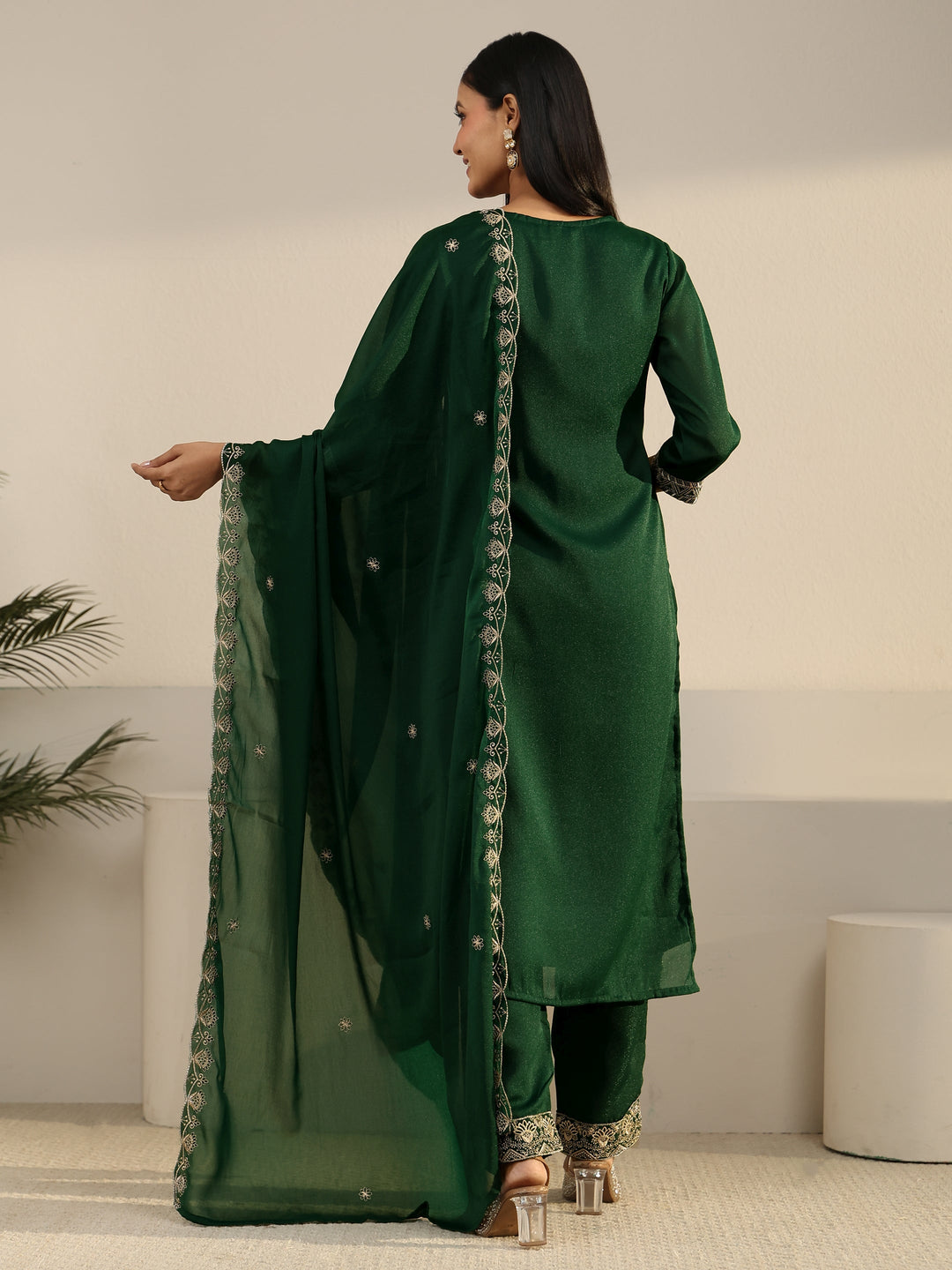  Libas Sacramento Green Embroidered Chinon Straight Suit Set 