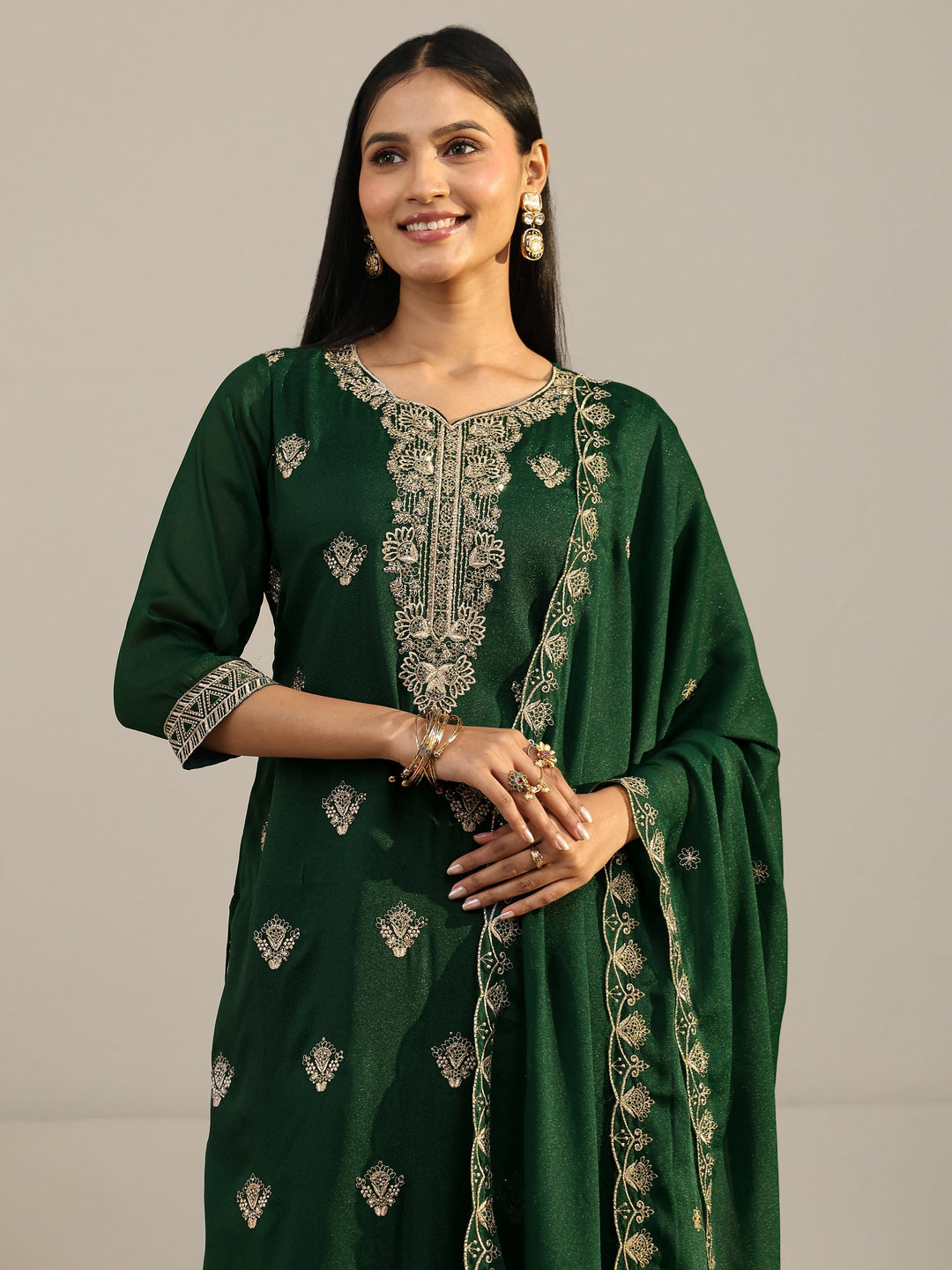  Libas Sacramento Green Embroidered Chinon Straight Suit Set 