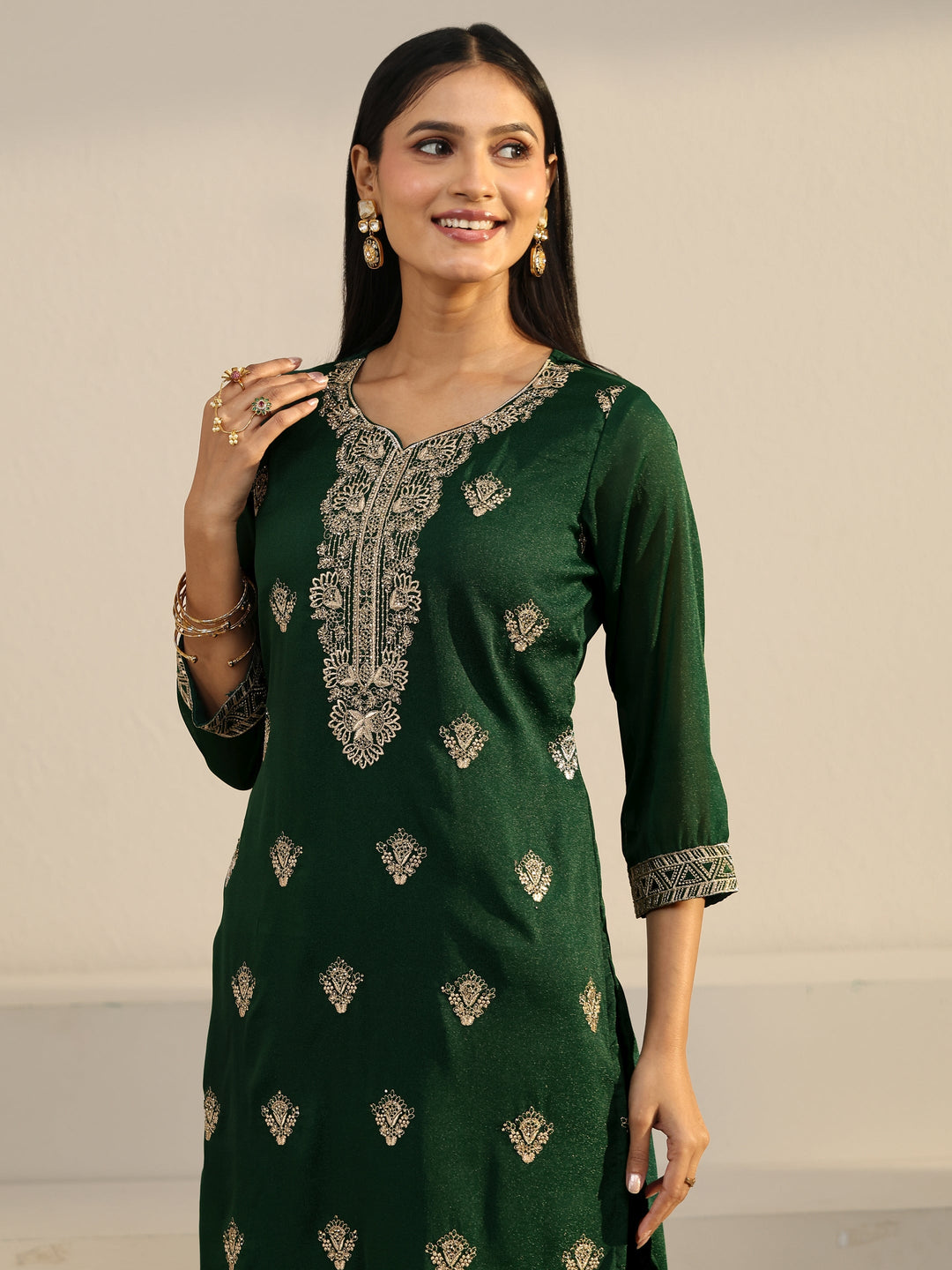  Libas Sacramento Green Embroidered Chinon Straight Suit Set 