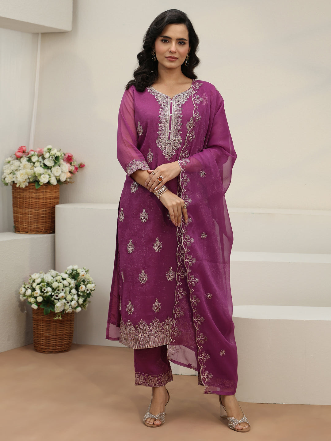  Libas Lavender Embroidered Chinon Straight Suit Set 
