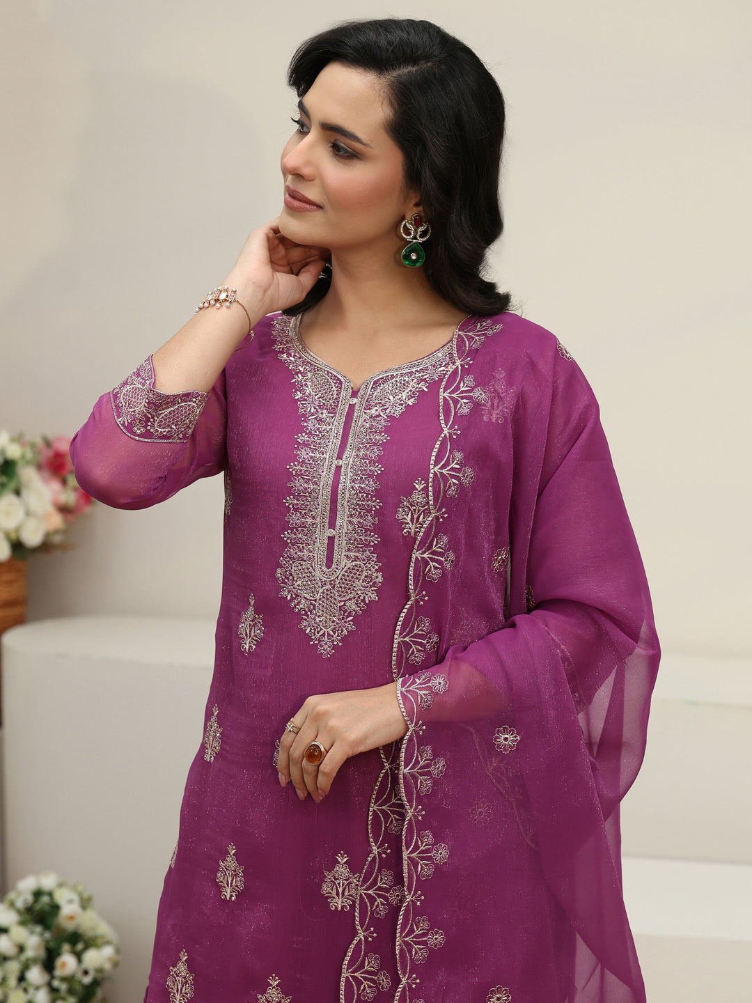  Libas Lavender Embroidered Chinon Straight Suit Set 