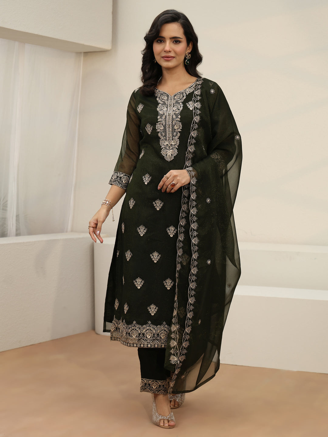  Libas Dark Green Embroidered Chinon Straight Suit Set 
