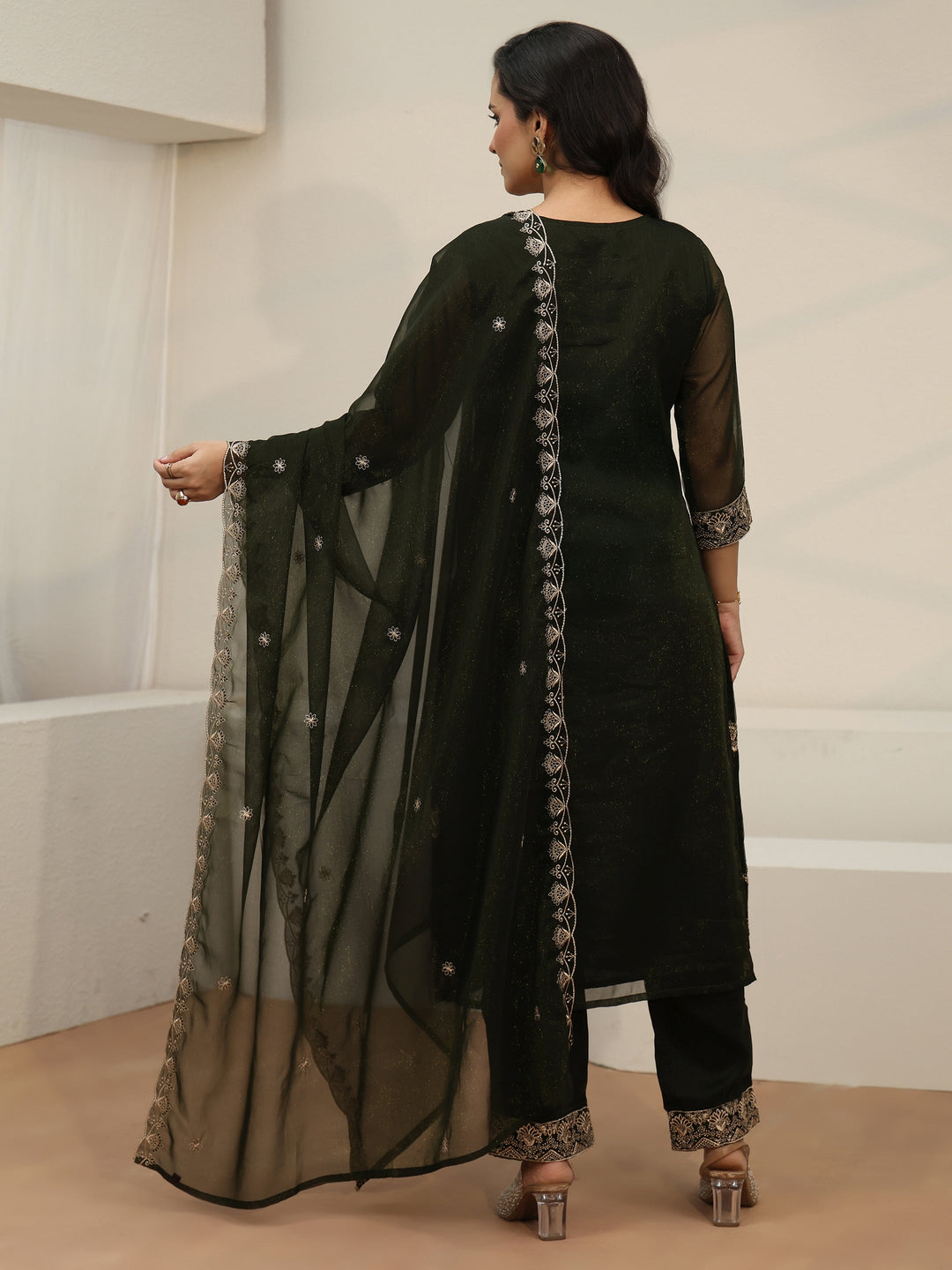  Libas Dark Green Embroidered Chinon Straight Suit Set 
